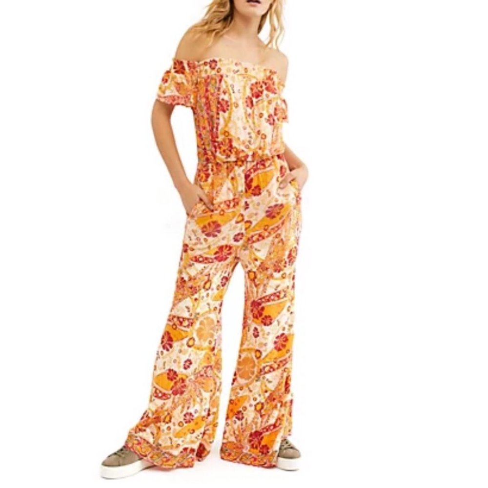Free People Carmen Orange Paisley Flowy Jumpsuit | XS